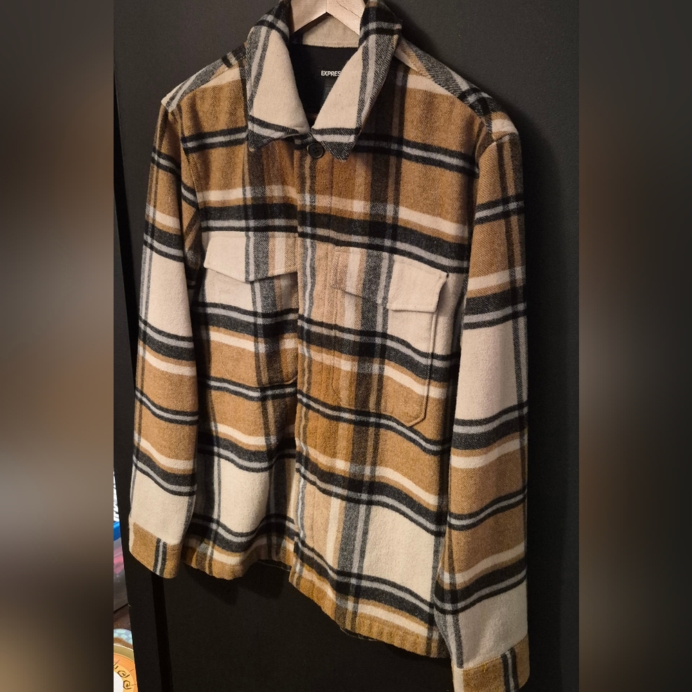 Mens Express Plaid Wool Blend Jacket/Coat/Shirt Size Medium Button Down - Picture 3 of 8